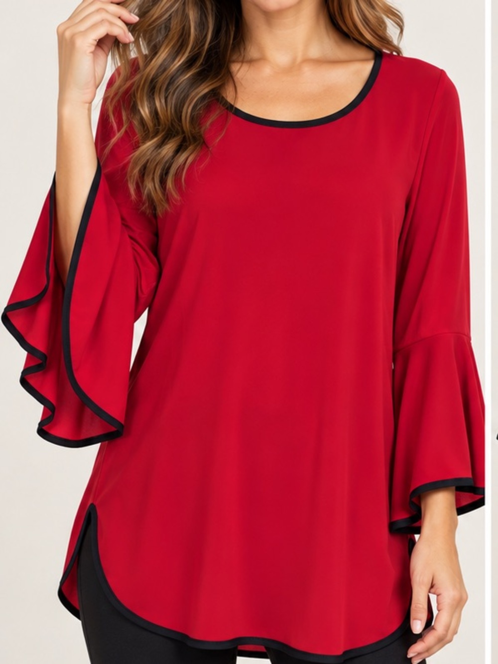 Red Bell Sleeve Top with Black Trim